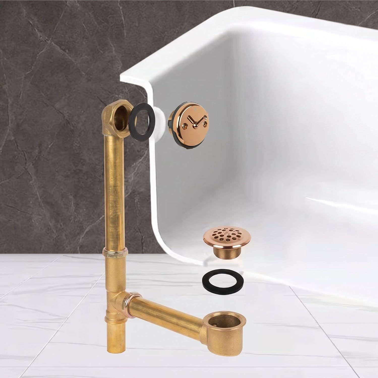 Fine Fixtures Bathtub Shower Drain - 20 Gauge Brass Tubing, Trip Lever Overflow Assembly Tub Drain Kit - Rose Gold