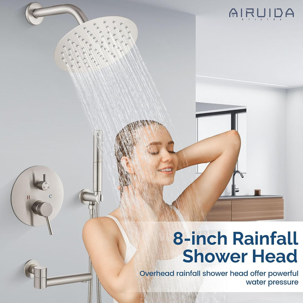Airuida 3-Function Shower System with Tub Spout – Round Rainfall Shower Faucet Combo,Handheld Spray with 2 Functions,Includes Rough-In Valve with 360° Rotating Drain,8 Inch Shower Head,Brushed Nickel