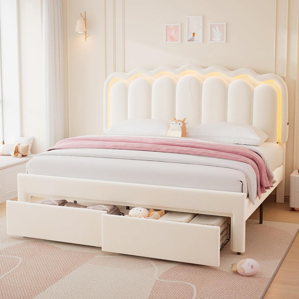 King Upholstered LED Bed Frame with 2 Storage Drawers and Adjustable Chic Double Wavy Headboard, Velvet Princess Platform Bed with Charing Station, Solid Wood Slats Support, No Box Spring Needed,Beige