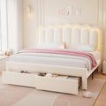 King Upholstered LED Bed Frame with 2 Storage Drawers and Adjustable Chic Double Wavy Headboard, Velvet Princess Platform Bed with Charing Station, Solid Wood Slats Support, No Box Spring Needed,Beige