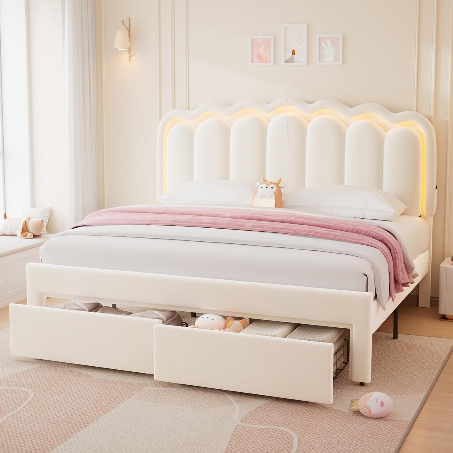 King Upholstered LED Bed Frame with 2 Storage Drawers and Adjustable Chic Double Wavy Headboard, Velvet Princess Platform Bed with Charing Station, Solid Wood Slats Support, No Box Spring Needed,Beige