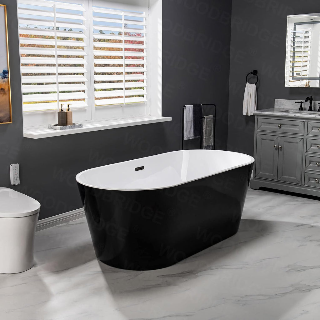 WOODBRIDGE 67' Acrylic Freestanding Bathtub Contemporary Soaking Black Tub with Matte Black Overflow and Drain,Black,B1813MB
