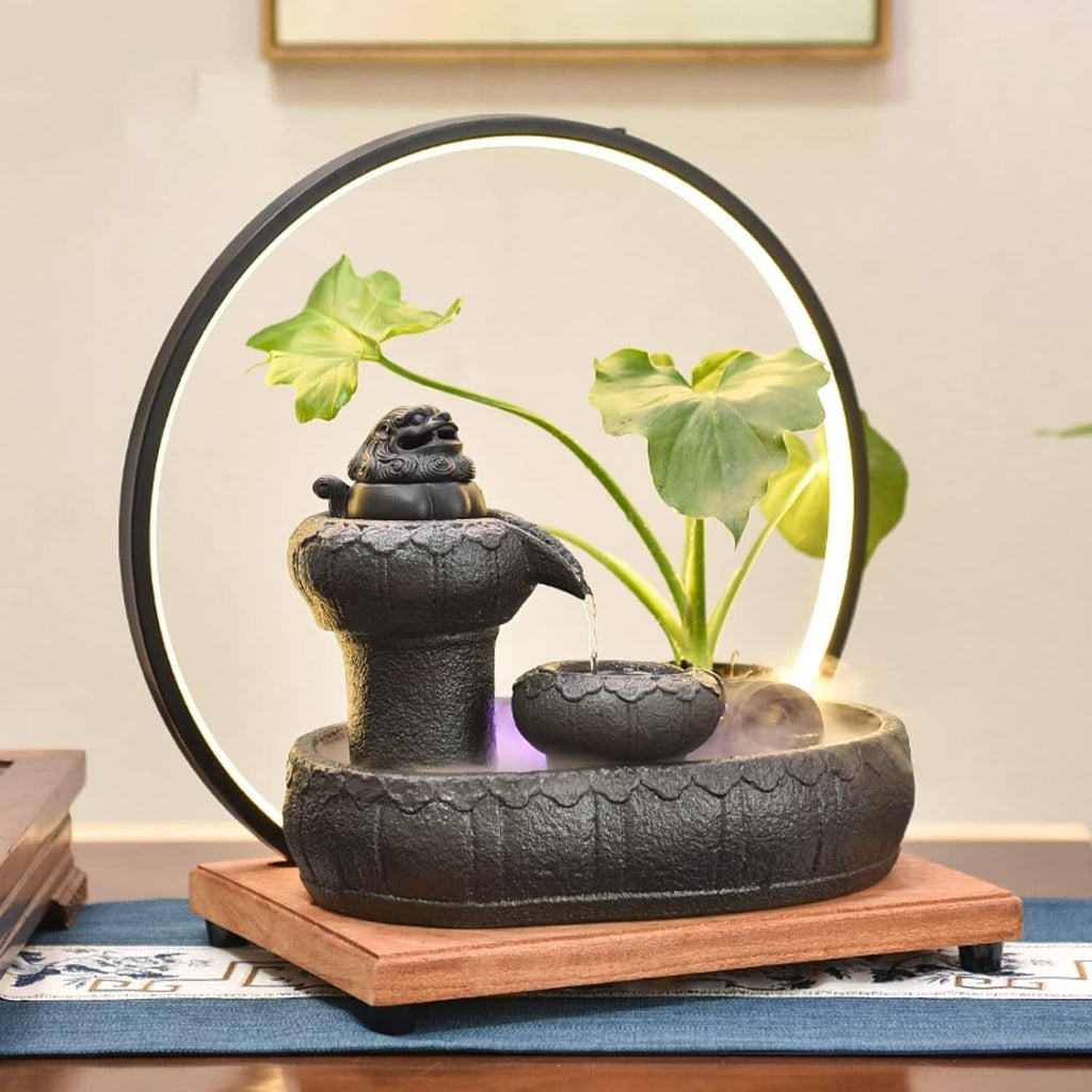 HIHELO Desktop Fountain Ceramic Desktop Fountain with Wood Base and LED Light Ring Indoor Ceramic Tabletop Fountain for Home Decoration Water Fountain Outdoor