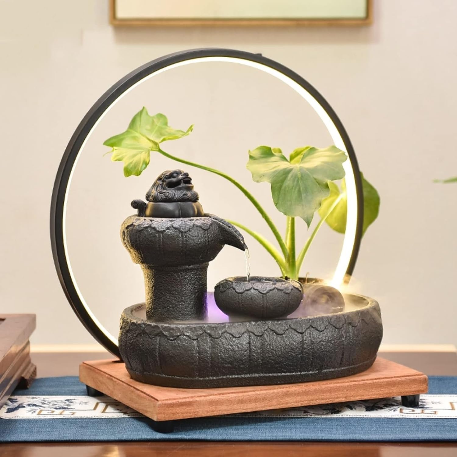 HIHELO Desktop Fountain Ceramic Desktop Fountain with Wood Base and LED Light Ring Indoor Ceramic Tabletop Fountain for Home Decoration Water Fountain Outdoor
