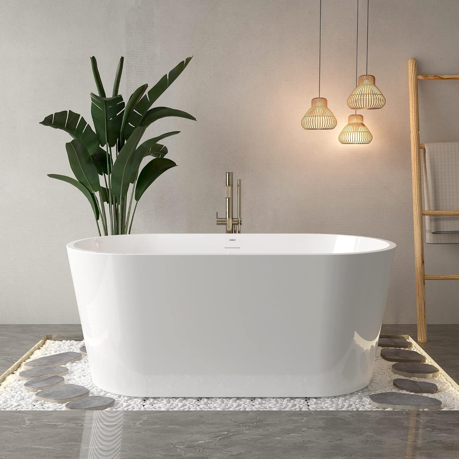 FerdY Luzon 55' Acrylic Freestanding Bathtub, Ergonomic Lightweight Classic Oval Soaking Bathtub with Brushed Nickel Drain, Minimalist Linear Design Overflow, Modern White
