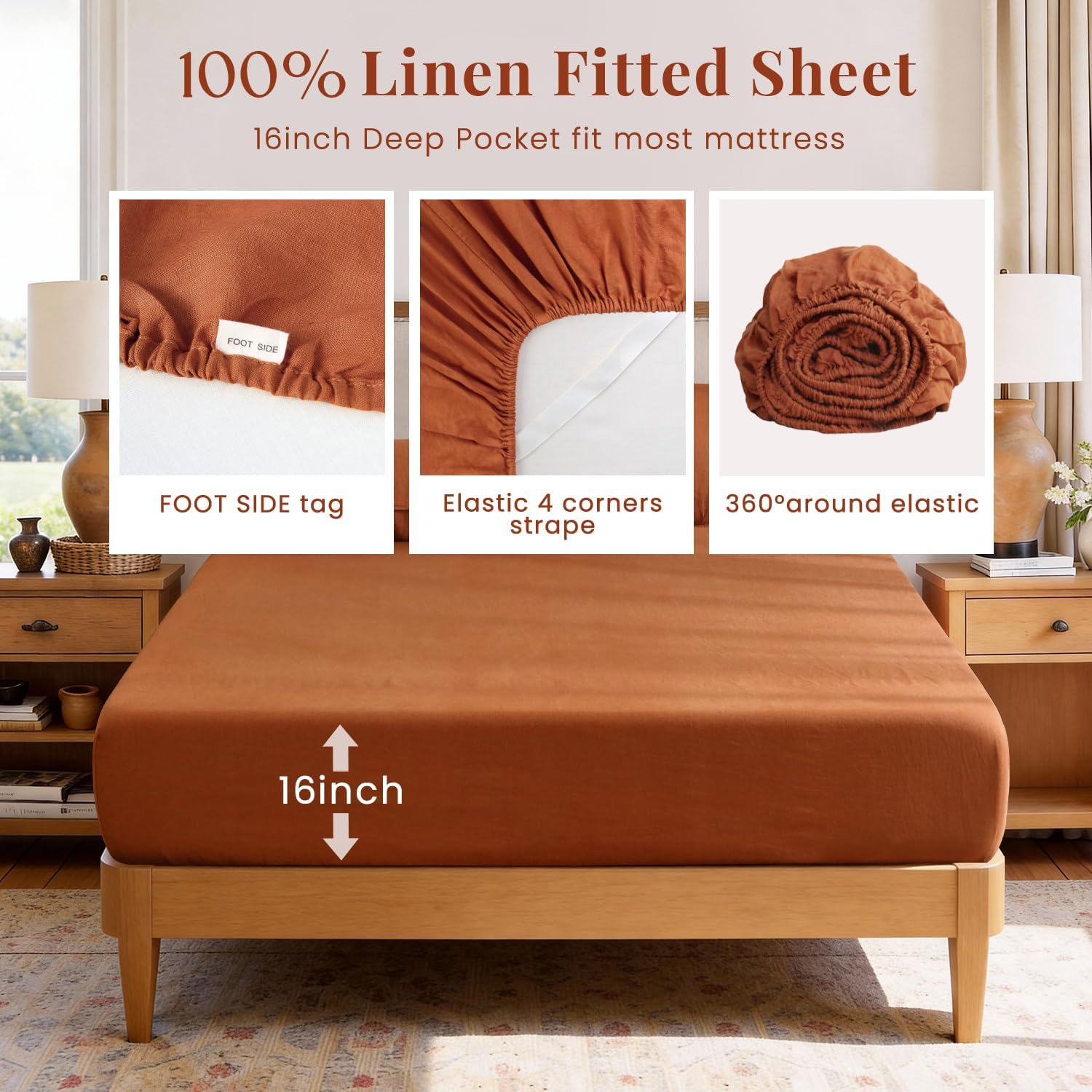 S VICTORY SYMBOL 100% Organic Linen Sheets Set Queen Size,Natural French Flax from Normandy Bedding Set with Stone Washed 4 Pieces,Ultra Soft Breathable(Caramel)