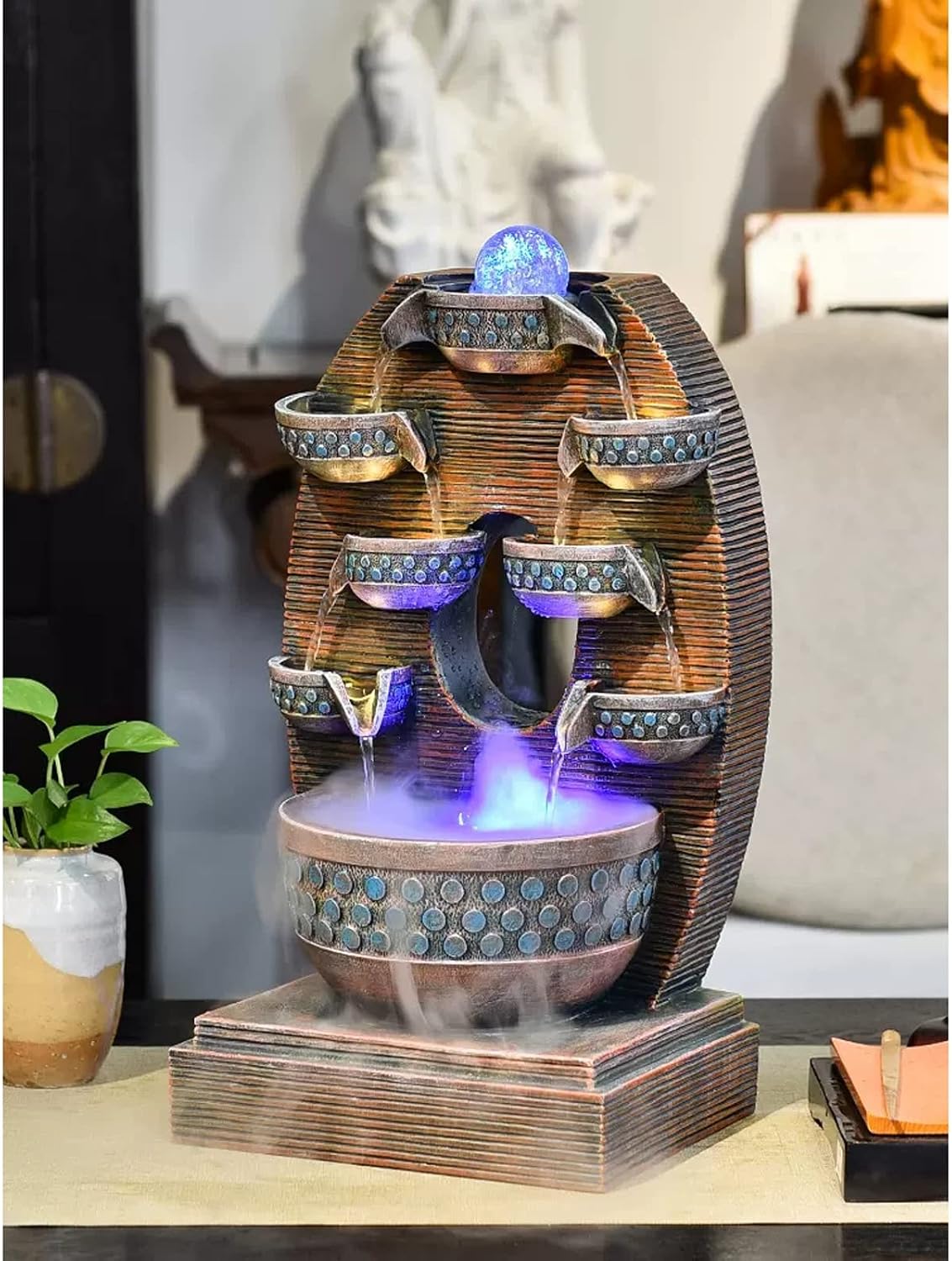 HIHELO Desktop Fountain Resin Tabletop Fountain with Pump Indoor Waterfall Tabletop Fountain Decoration 4 Level Indoor Tabletop Decoration Meditation Waterfall Water Fountain Outdoor