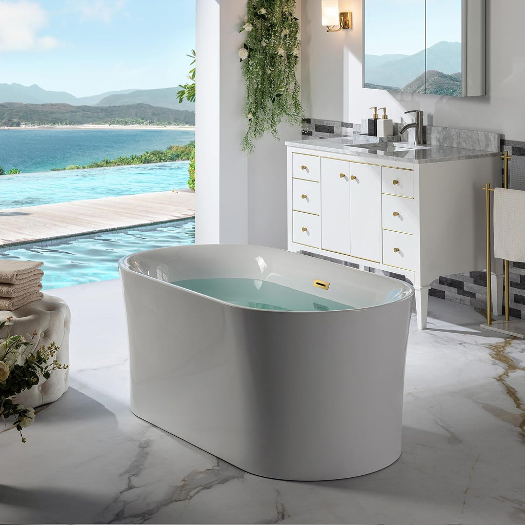 WOODBRIDGE 59' Acrylic Freestanding Bathtub Contemporary Soaking Tub with Brushed Gold Overflow and Drain,White Tub,B0058-BG