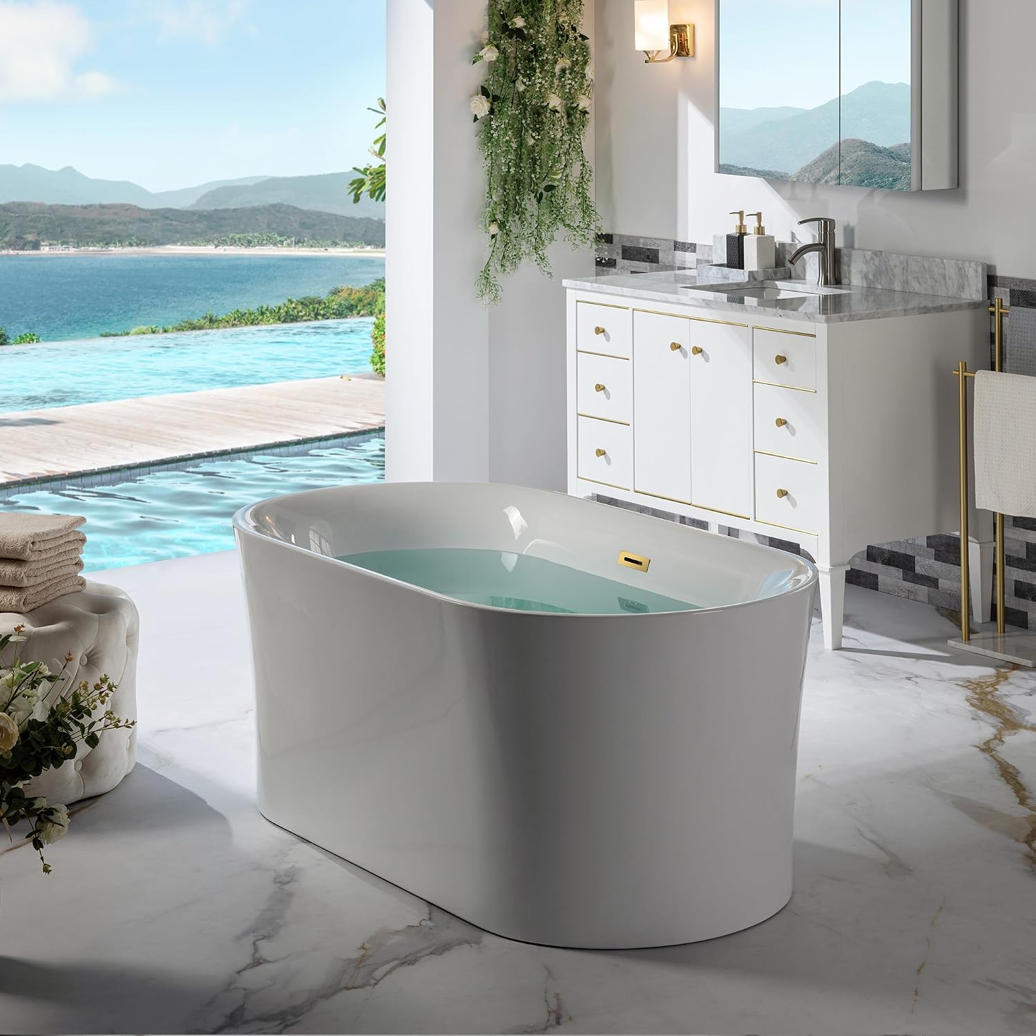 WOODBRIDGE 59' Acrylic Freestanding Bathtub Contemporary Soaking Tub with Brushed Gold Overflow and Drain,White Tub,B0058-BG