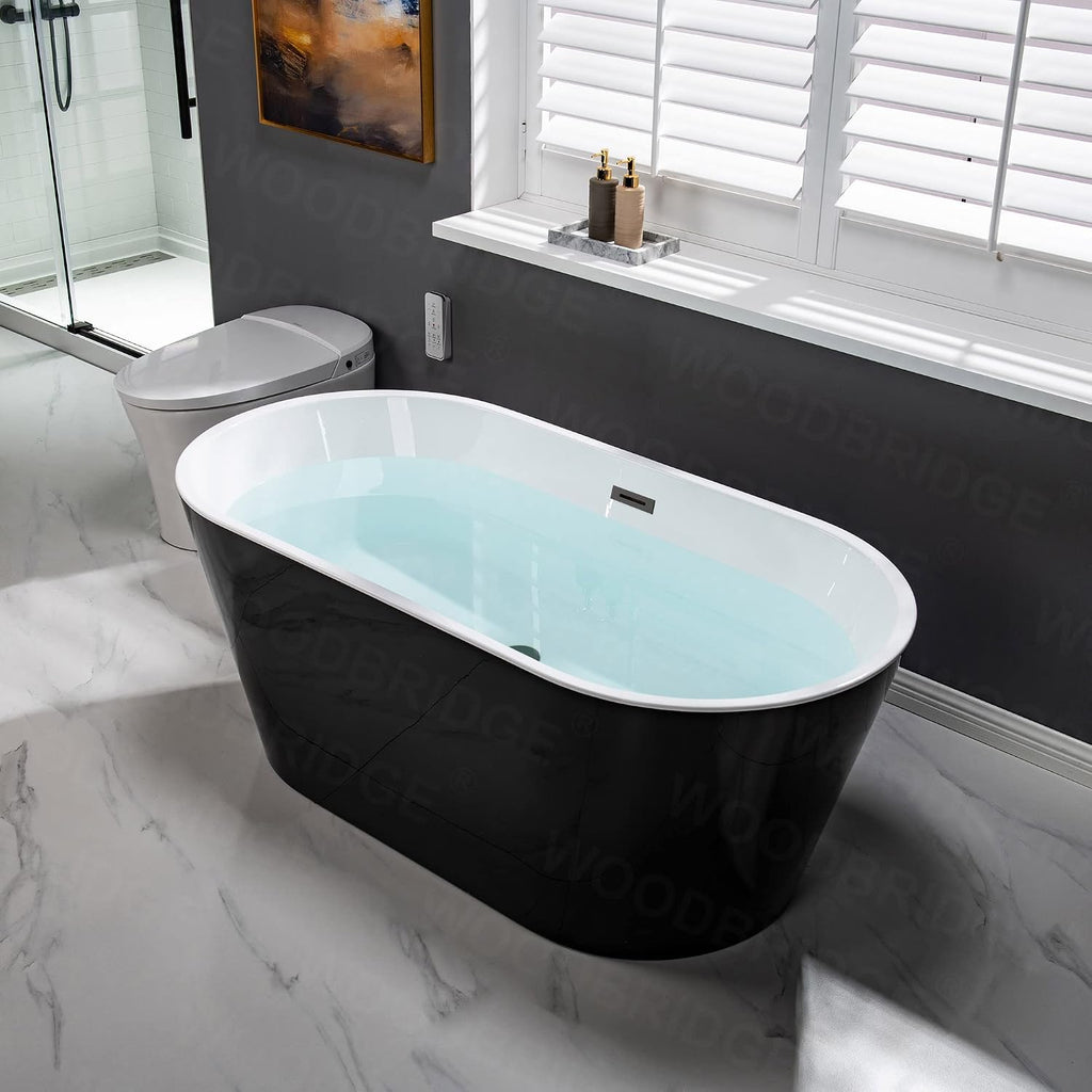 WOODBRIDGE 59' Acrylic Freestanding Bathtub Contemporary Soaking Black Tub with Matte Black Overflow and Drain，B1814-MB