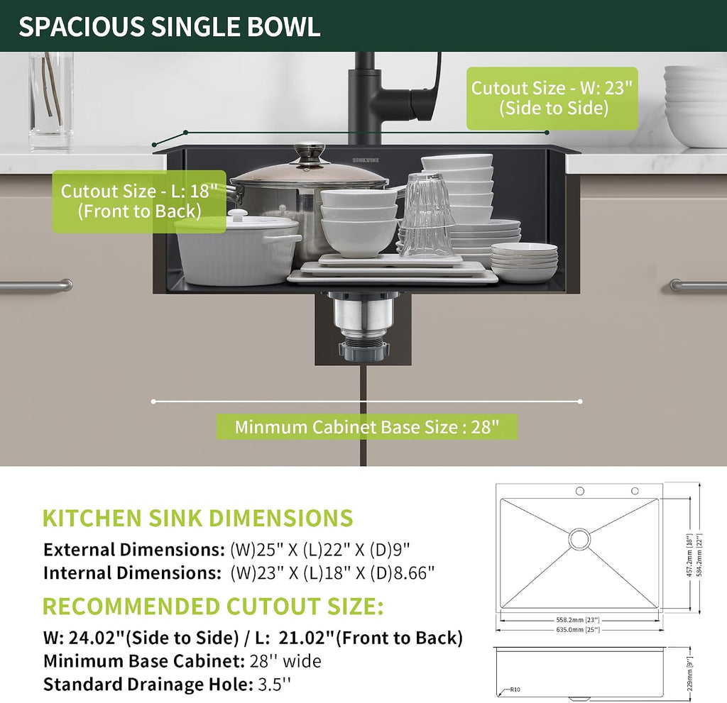 Drop-In Deep Laundry Sink 25 x 22 inch Black, SINKVINE Single Bowl Nano Stainless Steel Kitchen Sink for Outdoor and Indoor Top Mount, with Drain Strainer, Bottom Grid, Roll-up Drying Unit, Dark Gray