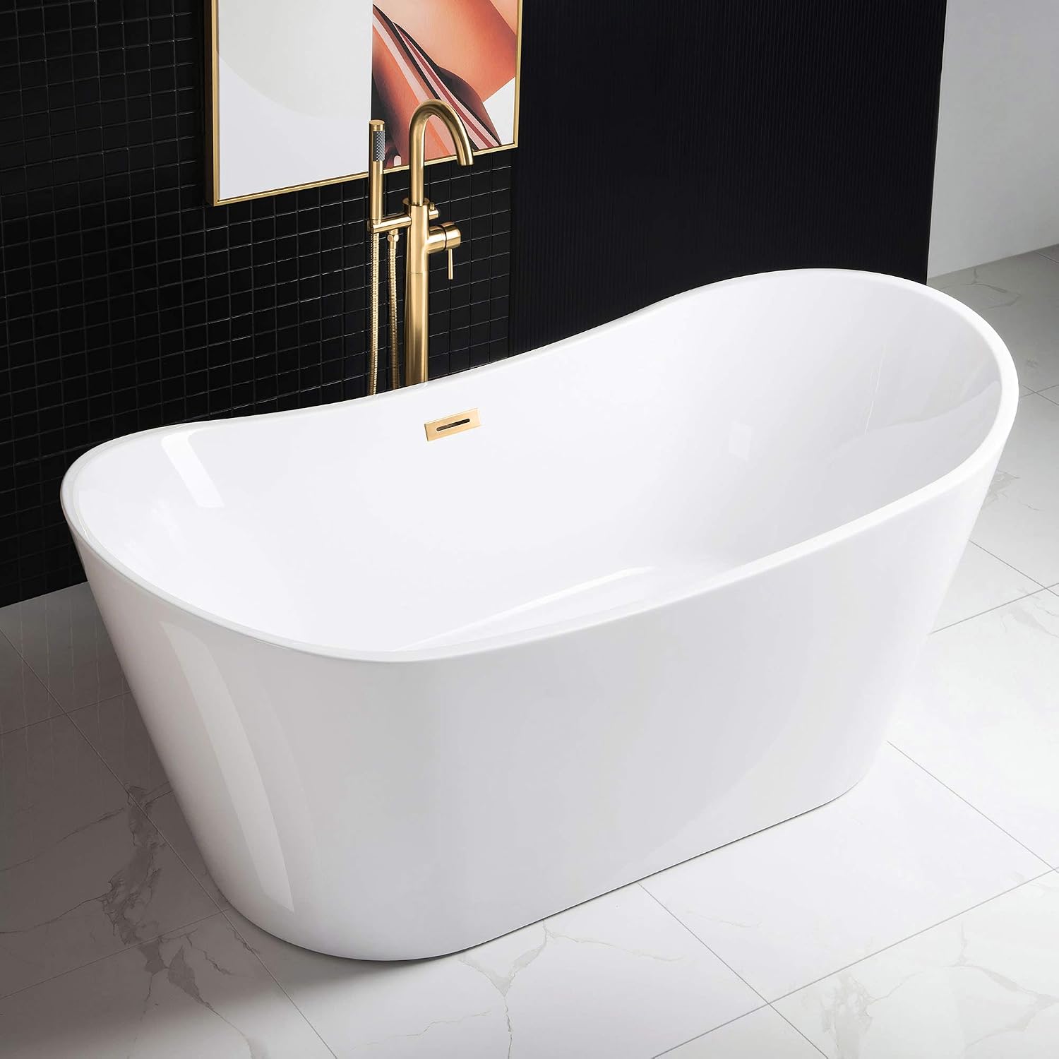 WOODBRIDGE 67' Acrylic Freestanding Bathtub Contemporary Soaking White Tub with Brushed Gold Overflow and Drain，BTA1515-BG-Drain&O
