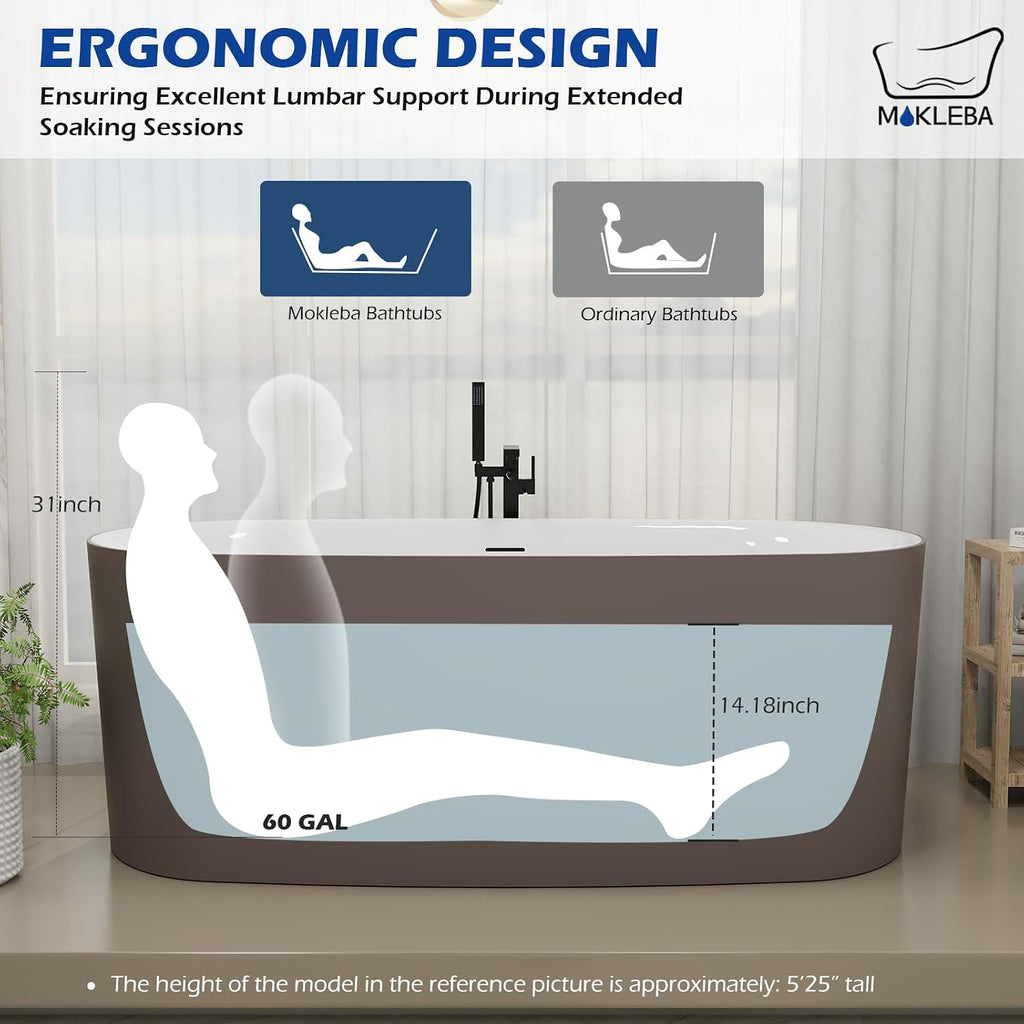 59' Solid Surface Resin Freestanding Bathtub Oval Shape, Modern Deep Stone Resin Soaking Bathtub with Integrated Slotted Overflow, Toe-Tap Chrome Drain, cUPC Certified, Brown