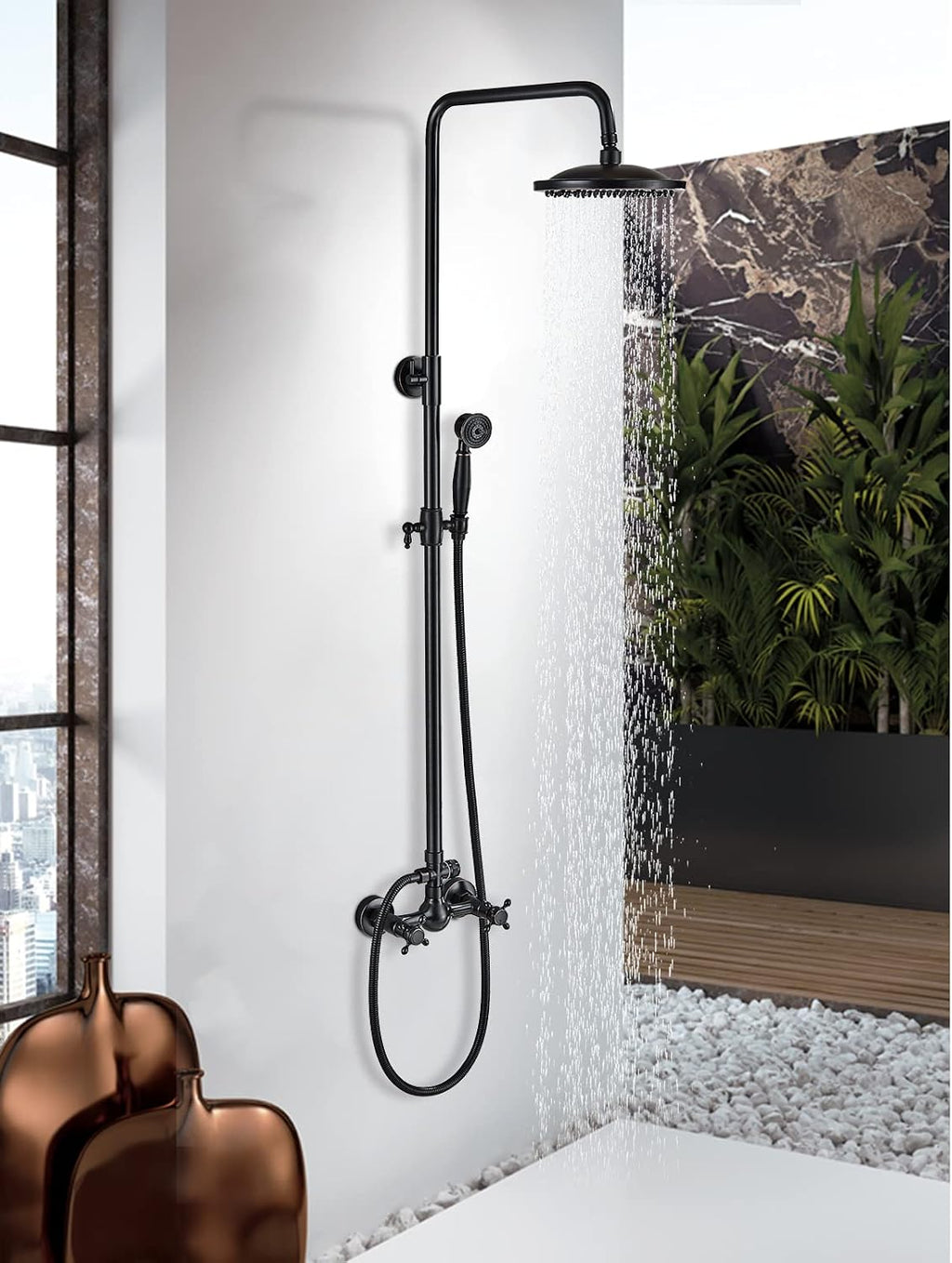 Rain Shower System Oil Rubbed Bronze Outdoor Shower Faucet Set with 8 Inch Rainfall Shower Head Handheld Spray 2 Cross Handles Wall Mounted Bathroom Shower Fixtures Solid Brass