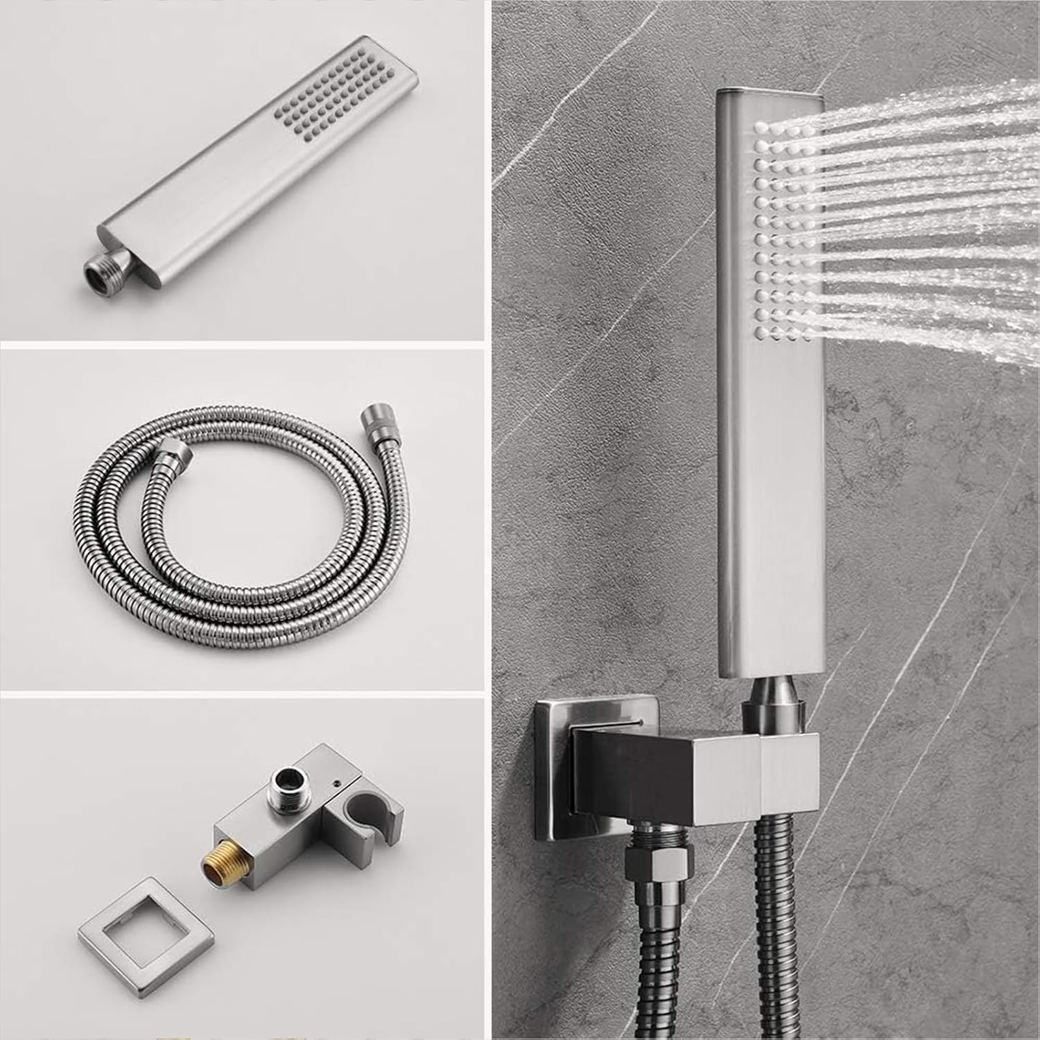 Iriber Brushed Nickel Square Rain Shower System with 4 PCS Body Jets 3 Function Shower Faucet Set Wall Mounted Pressure Balance Shower Trim Kit (Valve Included)