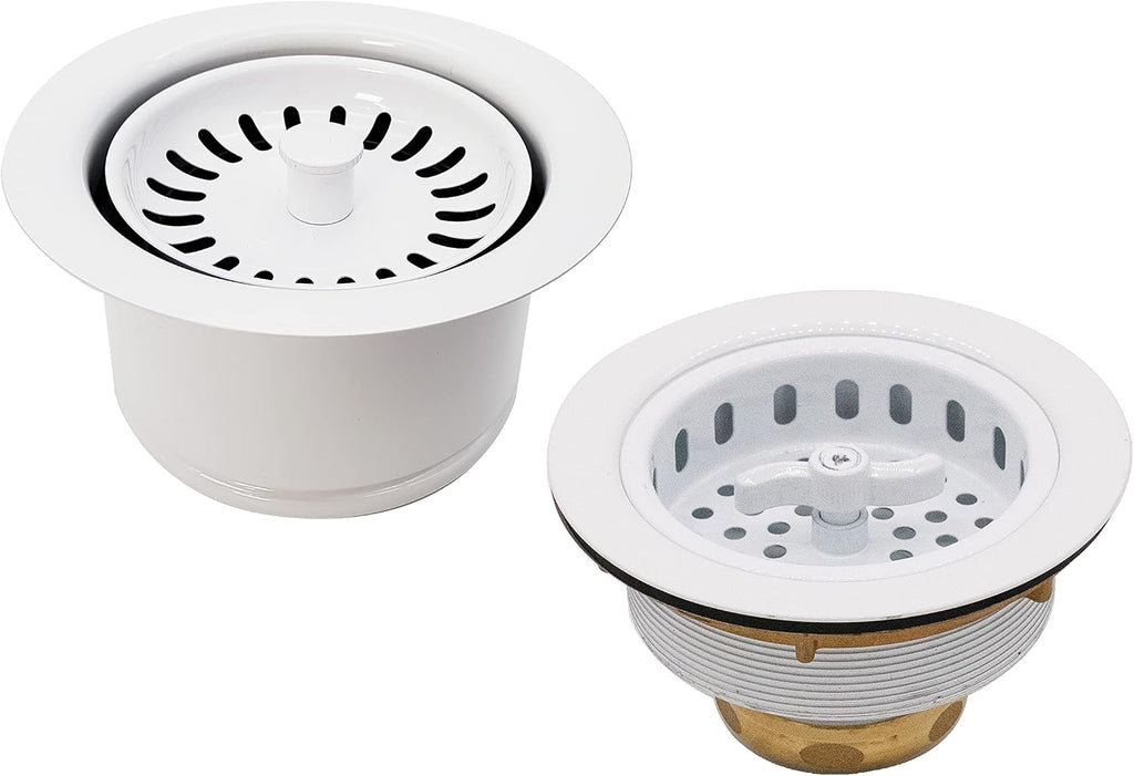 Westbrass CO2195S-50 Combo Pack 3-1/2' Wing Nut Twist Style Large Basket Extra-Deep Collar Kitchen Sink Waste Disposal Flange with Strainer Stopper, Powder Coat White