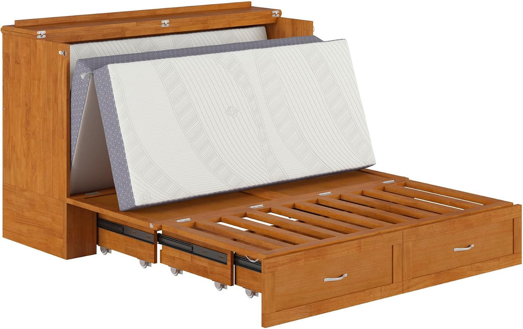 AFI Hamilton Queen Murphy Bed Chest with Mattress, Storage, and Built-in Charger in Light Toffee