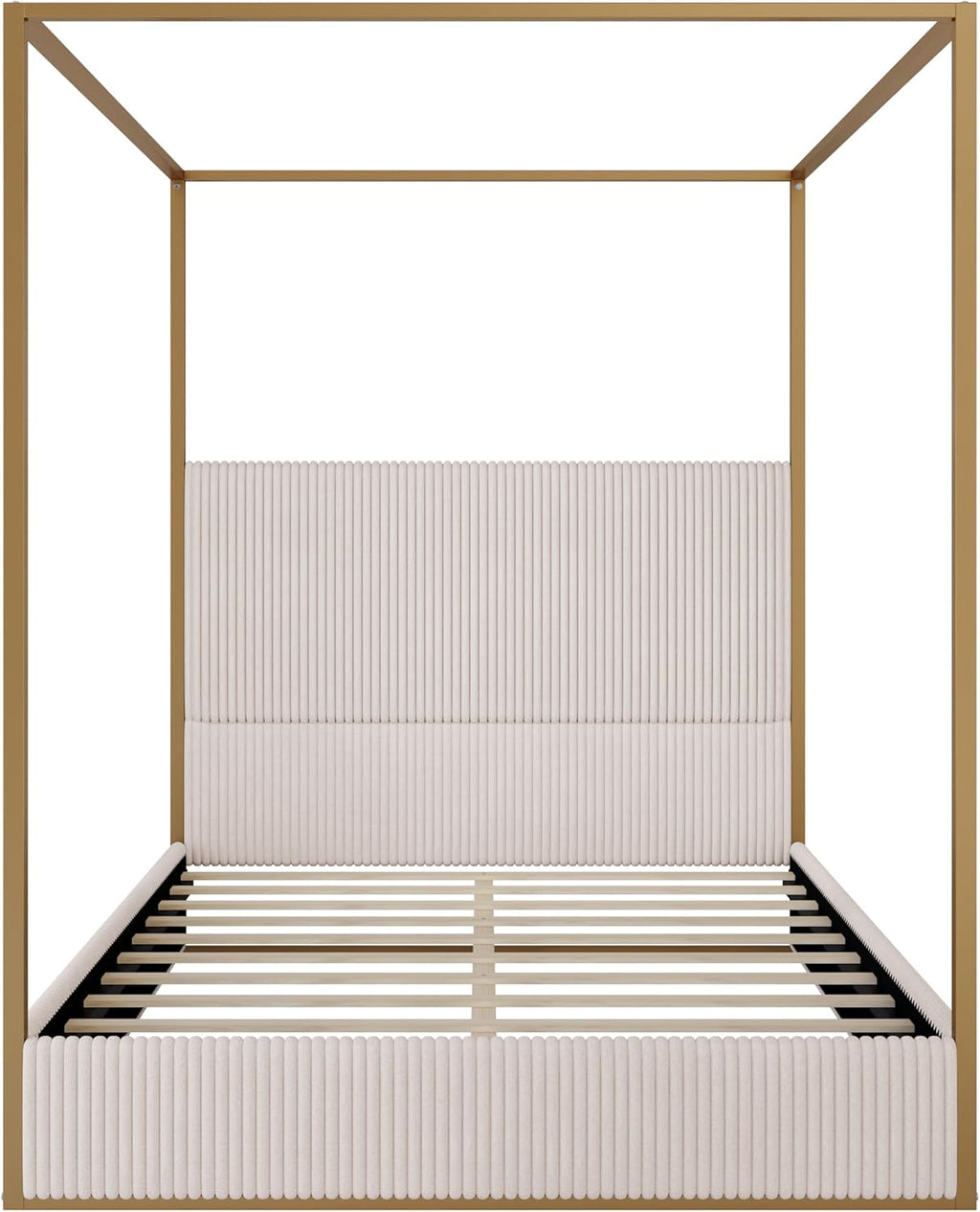 Merax Modern Luxury Queen Metal Canopy Bed with Tall Upholstered Headboard, Gold Four Poster Bed, No Box Spring Needed, Beige
