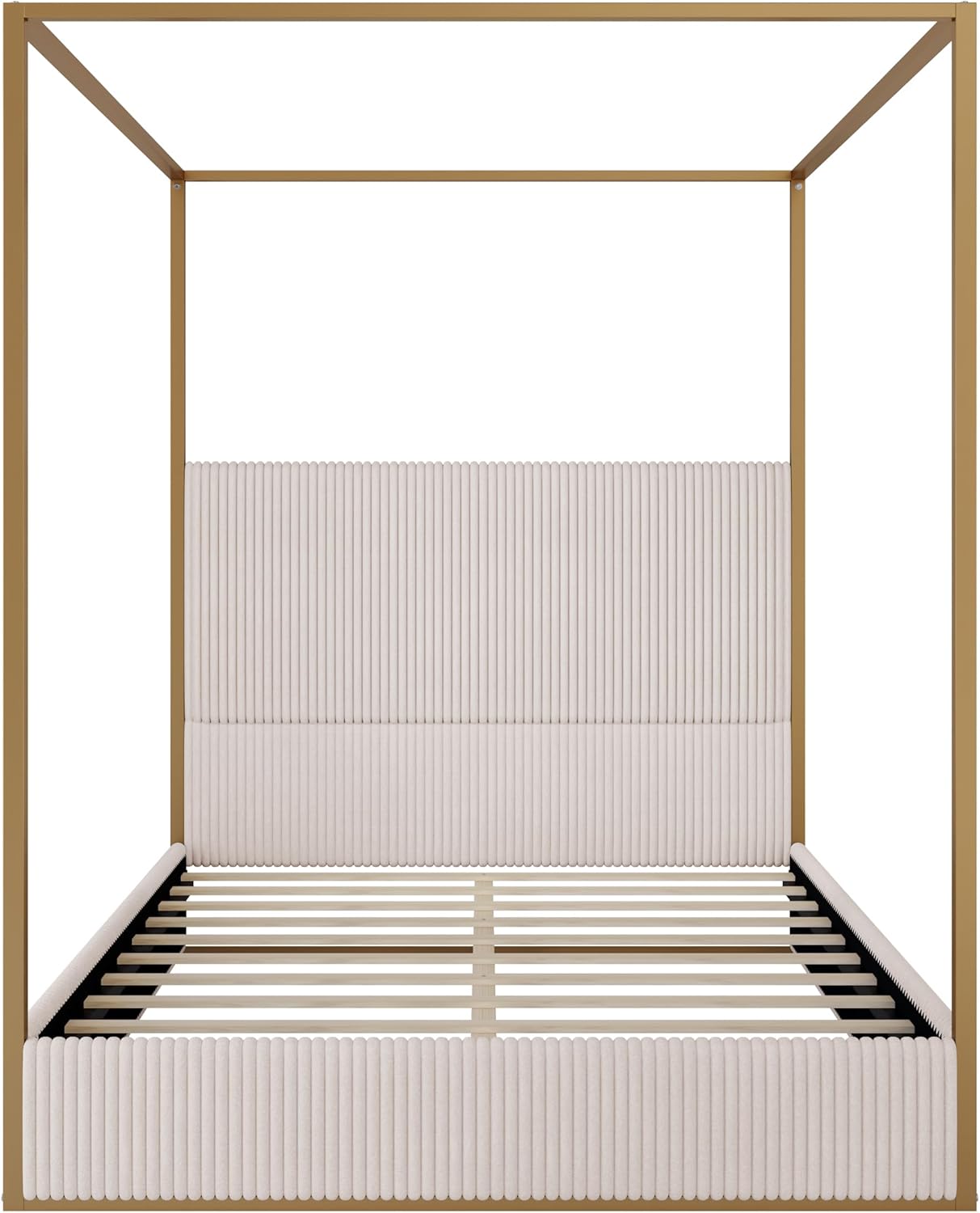Merax Modern Luxury Queen Metal Canopy Bed with Tall Upholstered Headboard, Gold Four Poster Bed, No Box Spring Needed, Beige