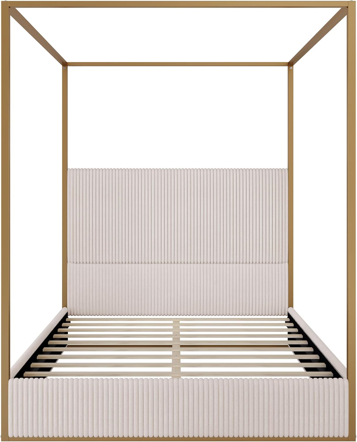 LUMISOL Queen Size Upholstered Canopy Bed, Metal 4 Poster Bed with Tall Corduroy Headboard, Gold Canopy 4 Poster Bed Frame with Headboard for Kids Teens Adults, No Box Spring Needed, Beige