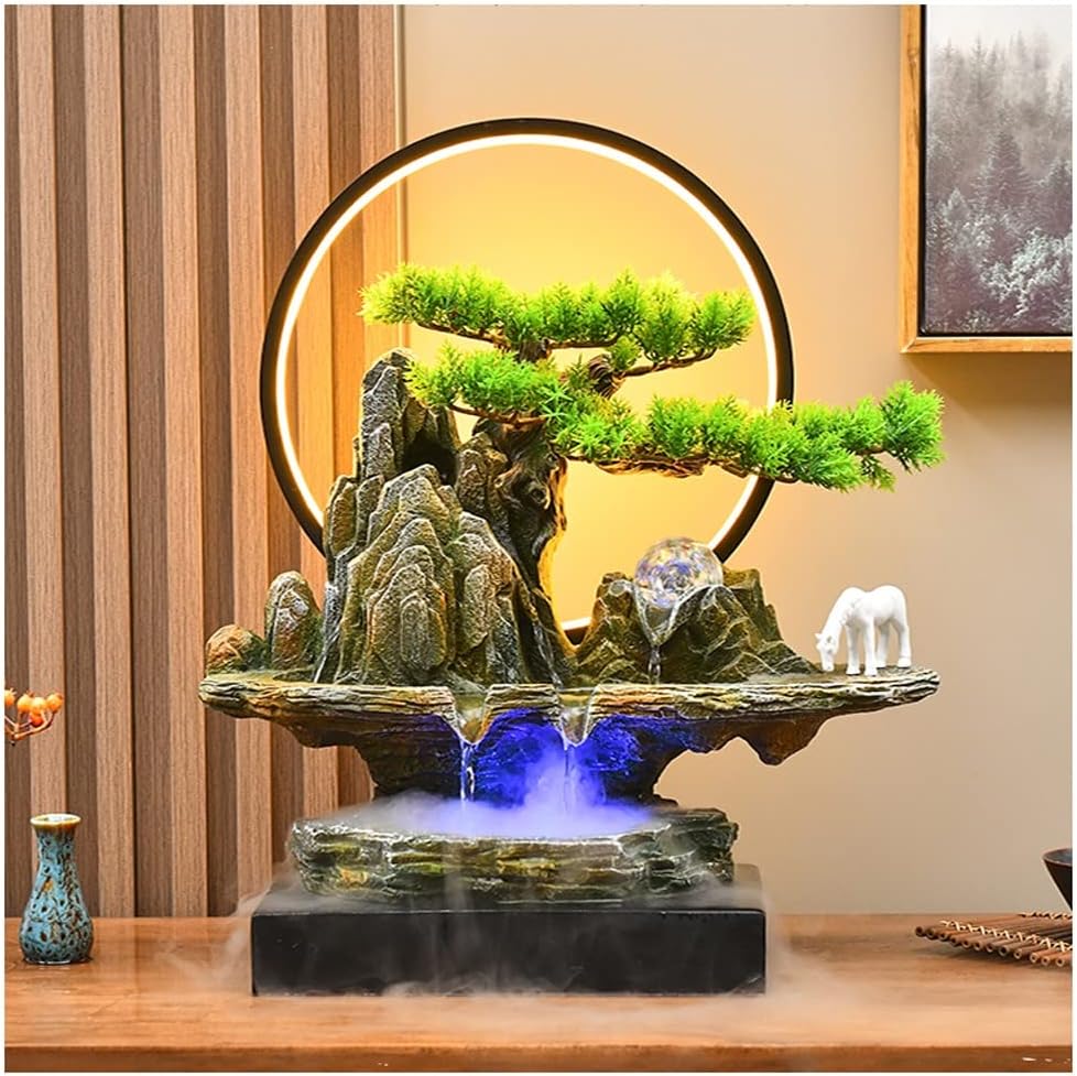HIHELO Desktop Fountain Tabletop Fountain Resin Rockery Desktop Fountain with LED Light Living Room Decorative Waterscape Ornament Water Fountain Outdoor (Color : with Nebulizer)