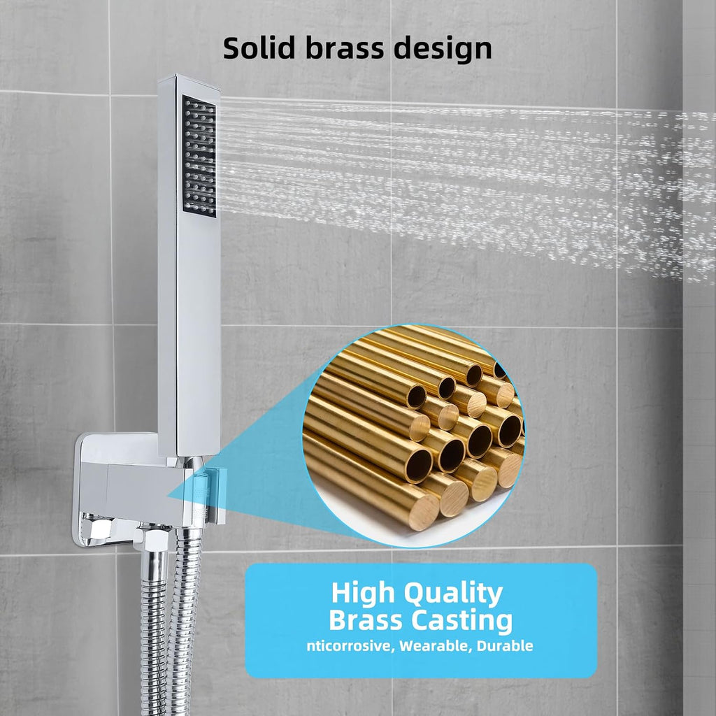 Bathroom Shower Faucet Set，12 Inch Rain Shower Head with Handheld Spray，Brass Shower Valve Trim Kit，Wall Mounted Square Rain Shower System (Chrome)