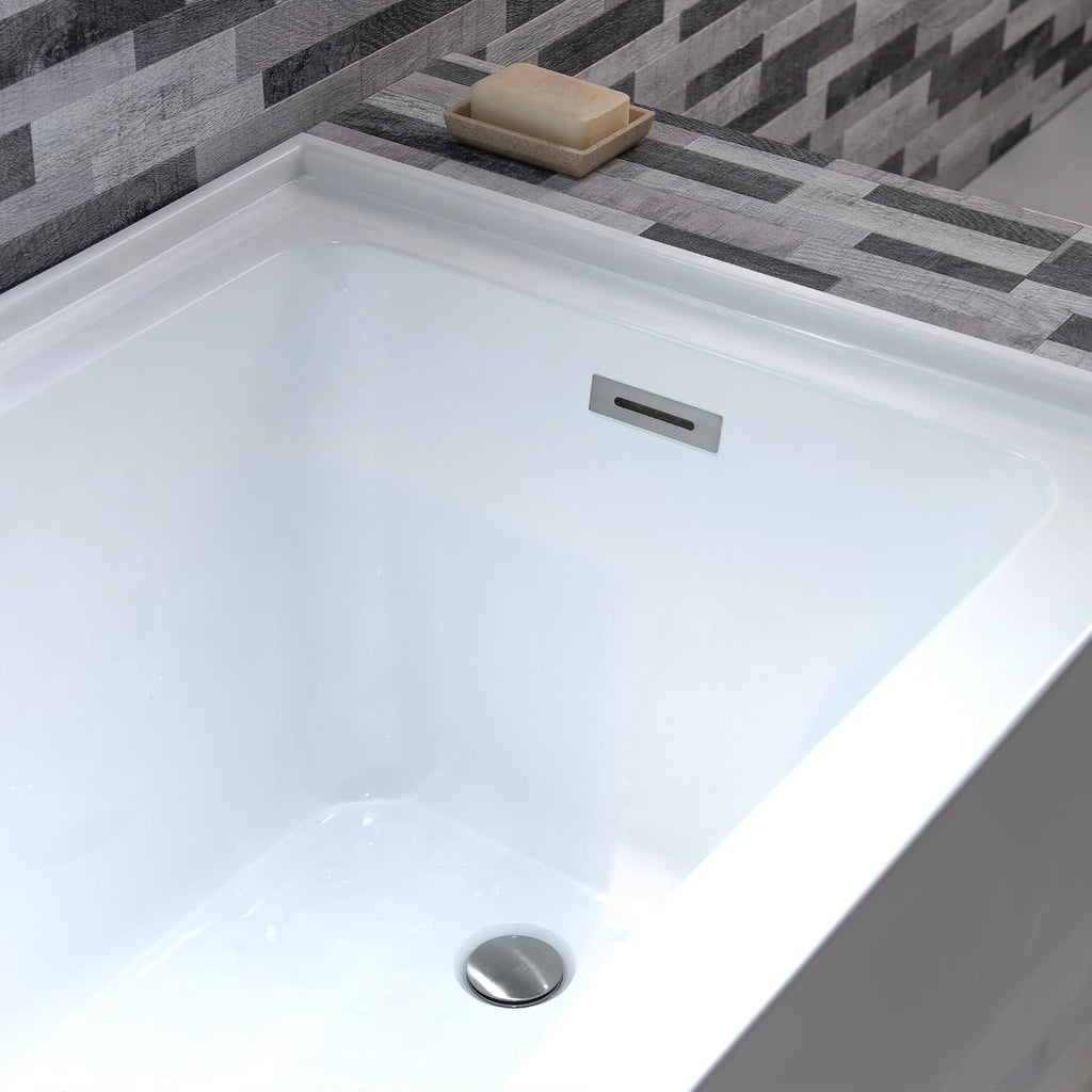 WOODBRIDGE 60' Acrylic Rectangular Alcove Soaking Bathtub in White with Right Drain, Brushed Nickel pop-up Drain Included, LB666-R