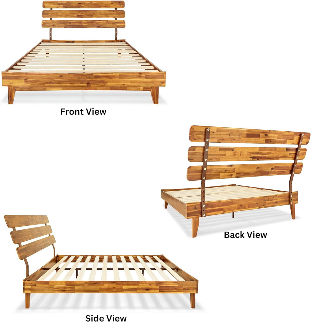 Bme Caden 15 Inch Deluxe Bed Frame with Adjustable Headboard - Mid Century, Retro Style with Acacia Wood - No Box Spring Needed - 12 Strong Wood Slat Support - Easy Assembly - Caramel, Queen