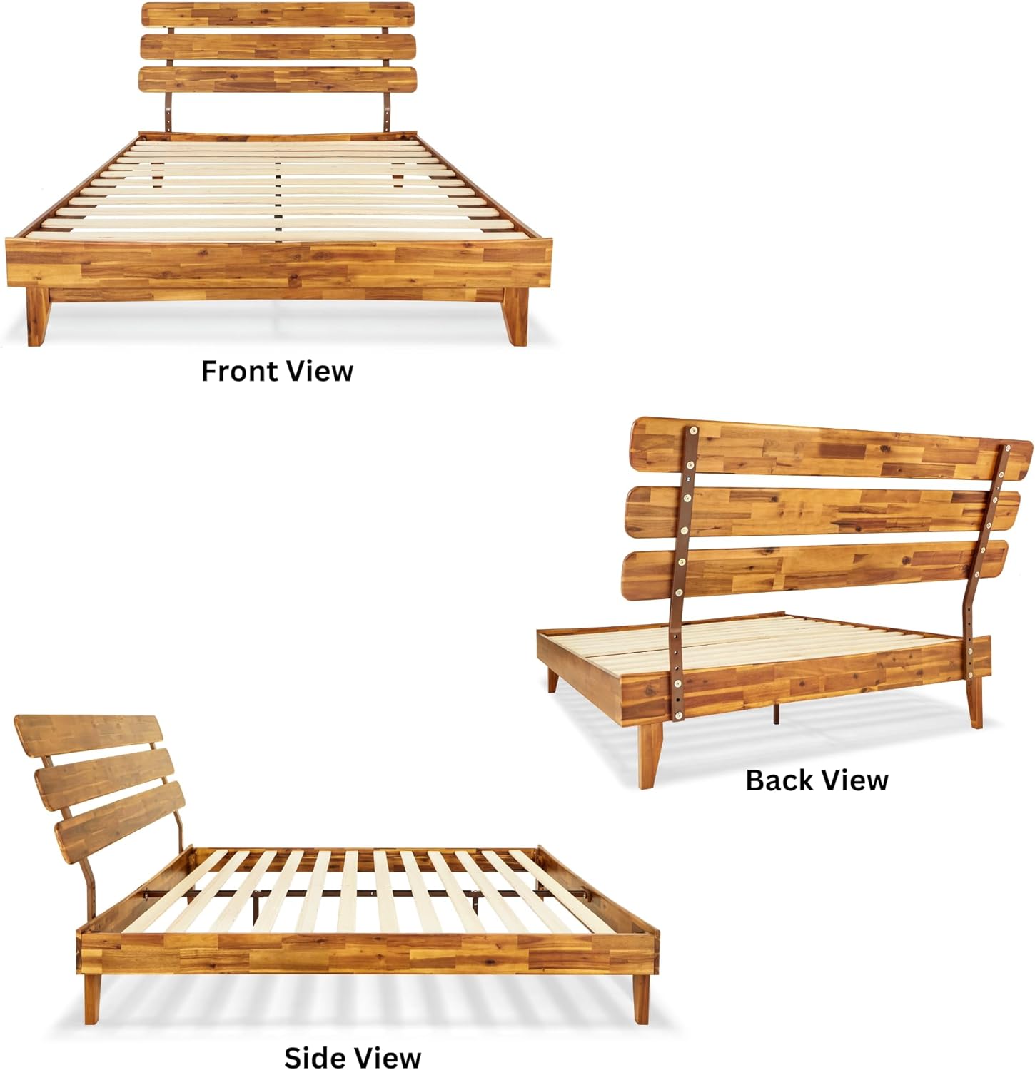 Bme Caden 15 Inch Deluxe Bed Frame with Adjustable Headboard - Mid Century, Retro Style with Acacia Wood - No Box Spring Needed - 12 Strong Wood Slat Support - Easy Assembly - Caramel, Queen