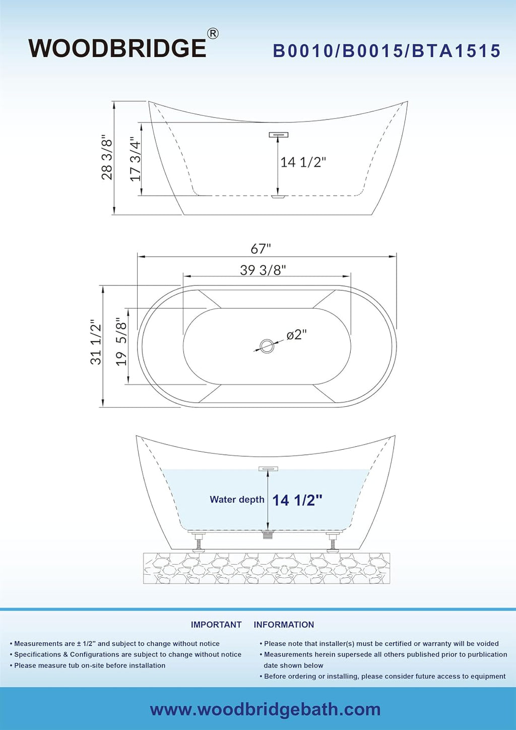 WOODBRIDGE B0010-MB-Drain &O Bathtub, White