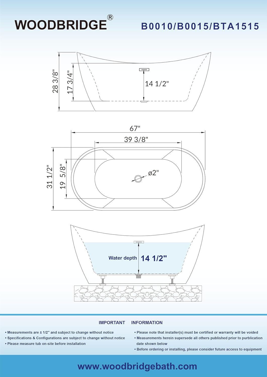 WOODBRIDGE B0010-MB-Drain &O Bathtub, White