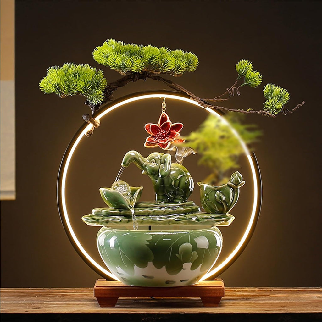 Tabletop Fountain with Light Waterfall Fountain with Backflow Incense Burner Desktop Zen Water Fountain Ceramic Fish Tank Indoor Water Fountain for Home Office Without Plants.(Style3)