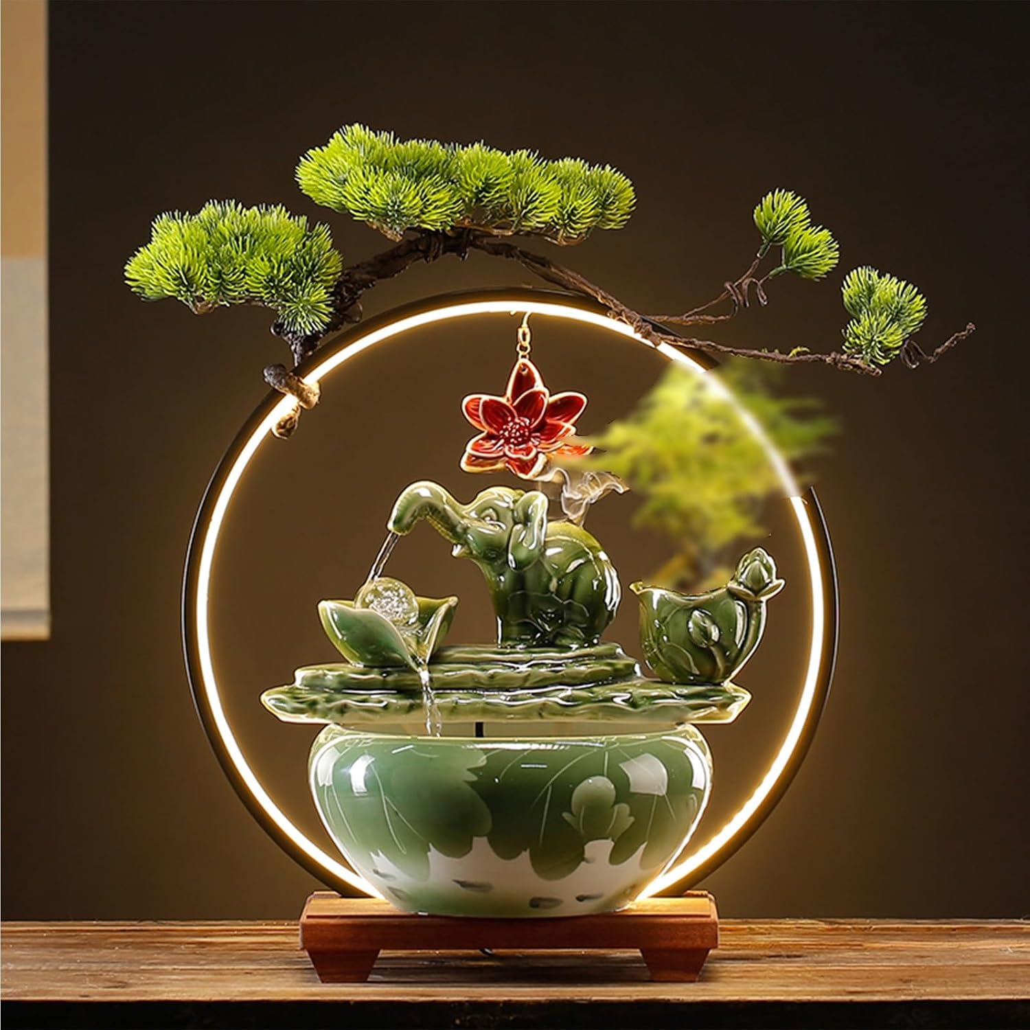 Tabletop Fountain with Light Waterfall Fountain with Backflow Incense Burner Desktop Zen Water Fountain Ceramic Fish Tank Indoor Water Fountain for Home Office Without Plants.(Style3)