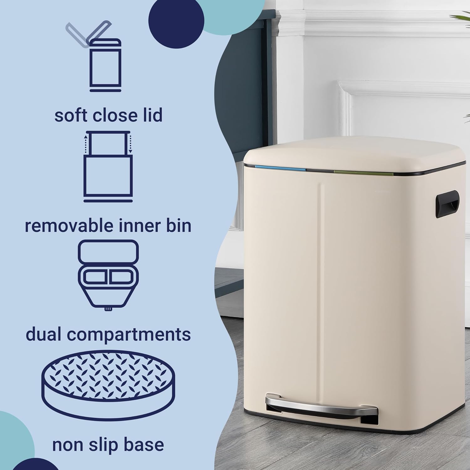 happimess HPM1005F Marco Rectangular 10.6-Gallon Double Bucket Trash Can with Soft-Close Lid, Limestone Beige, Fingerprint Resistant, Modern, Minimalistic for Home, Kitchen, Office, Bedroom, Bathroom