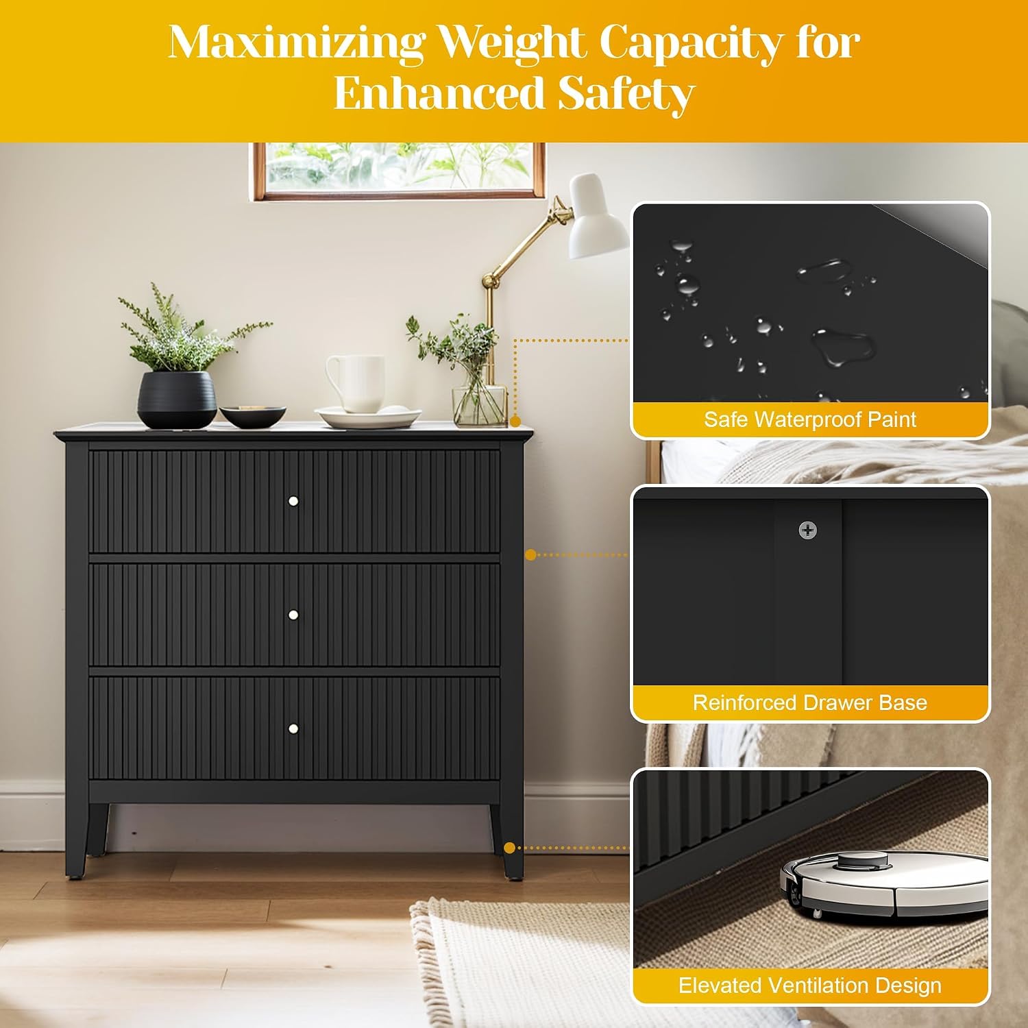 May in Color Large Black Fluted 3 Drawer Dresser Set of 2, Chest of Drawers with Ball Bearing Slide Modern 30 inch Tall Wood Nightstand with Spacious Storage for Bedroom Hallway Living Room Entryway
