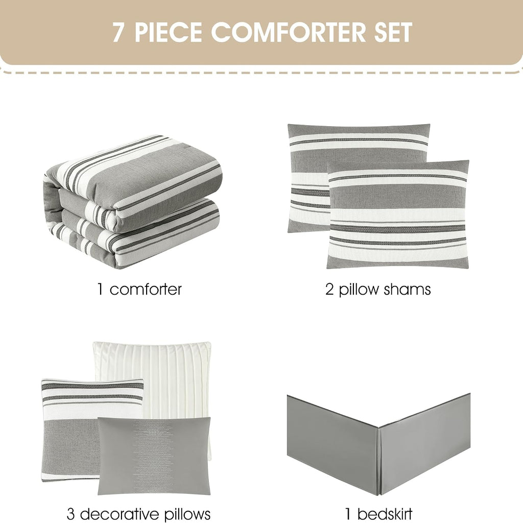 Stratford Park White Grey Comforter Set Queen Size, 7 Piece Geometric Jacquard Bedding Set, Matching Bedskirt, Pillows & Shams, Curtains