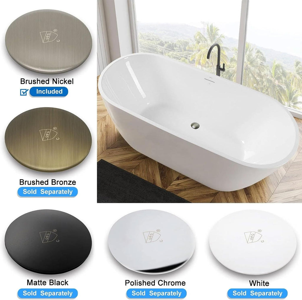 FerdY Bali 59' Acrylic Freestanding Bathtub, Gracefully Shaped Freestanding Soaking Bathtub with Brushed Nickel Drain & Minimalist Linear Design Overflow, Glossy White, cUPC Certified
