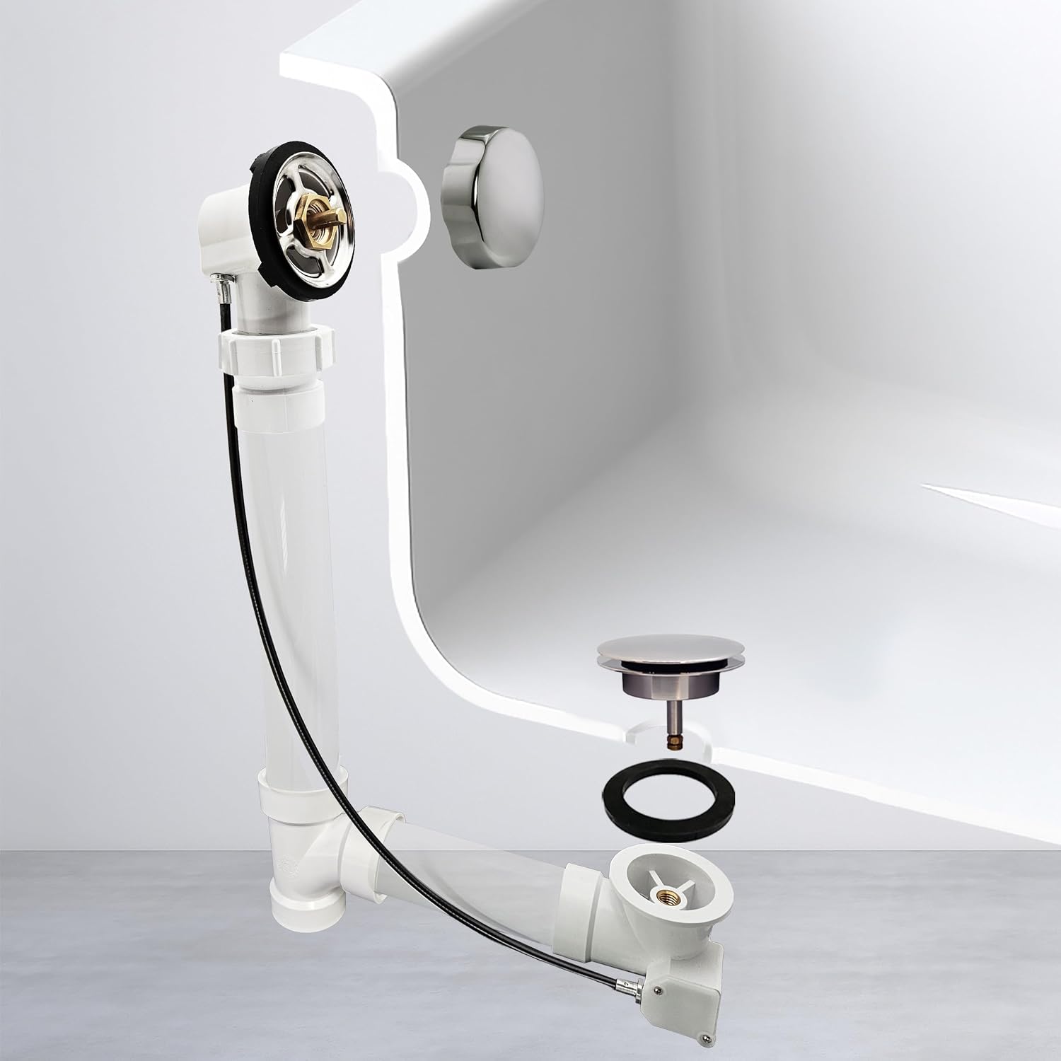 Westbrass A50P35BJ-05 1-1/2' Sch. 40 PVC 35' Cable Driven Bath Waste Kit with Ball Joint Head and Brass Trim Drain Kit, Polished Nickel