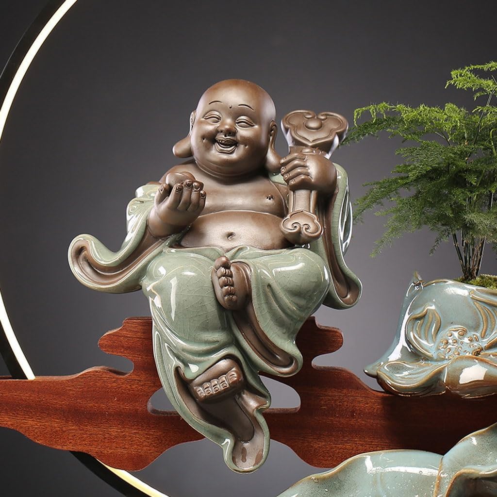 GUERNSEY Tabletop Fountain Tabletop Fountains Chinese-Style Maitreya Buddha Water Fountain Ornaments Office Living Room Decoration Ornaments Indoor Creative Ornaments Indoor Fountain