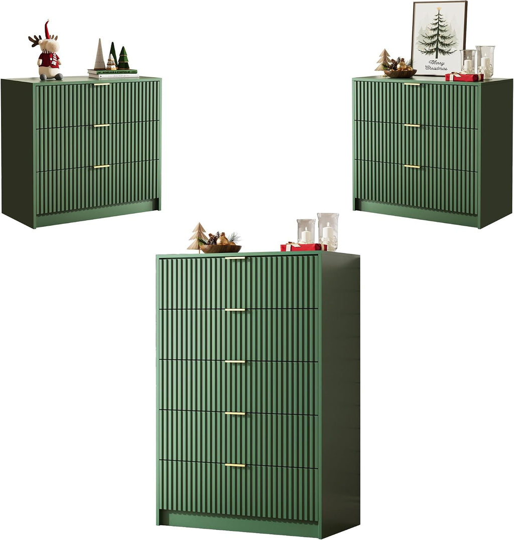 MAISONARIA 3-Piece Dresser Bedroom Set, 5 Drawer Dresser & 3 Drawer Nightstands with Gold Handles, Fluted Wood Chest of Drawers for Bedroom, Living Room, Entryway, Green