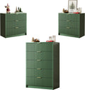 MAISONARIA 3-Piece Dresser Bedroom Set, 5 Drawer Dresser & 3 Drawer Nightstands with Gold Handles, Fluted Wood Chest of Drawers for Bedroom, Living Room, Entryway, Green