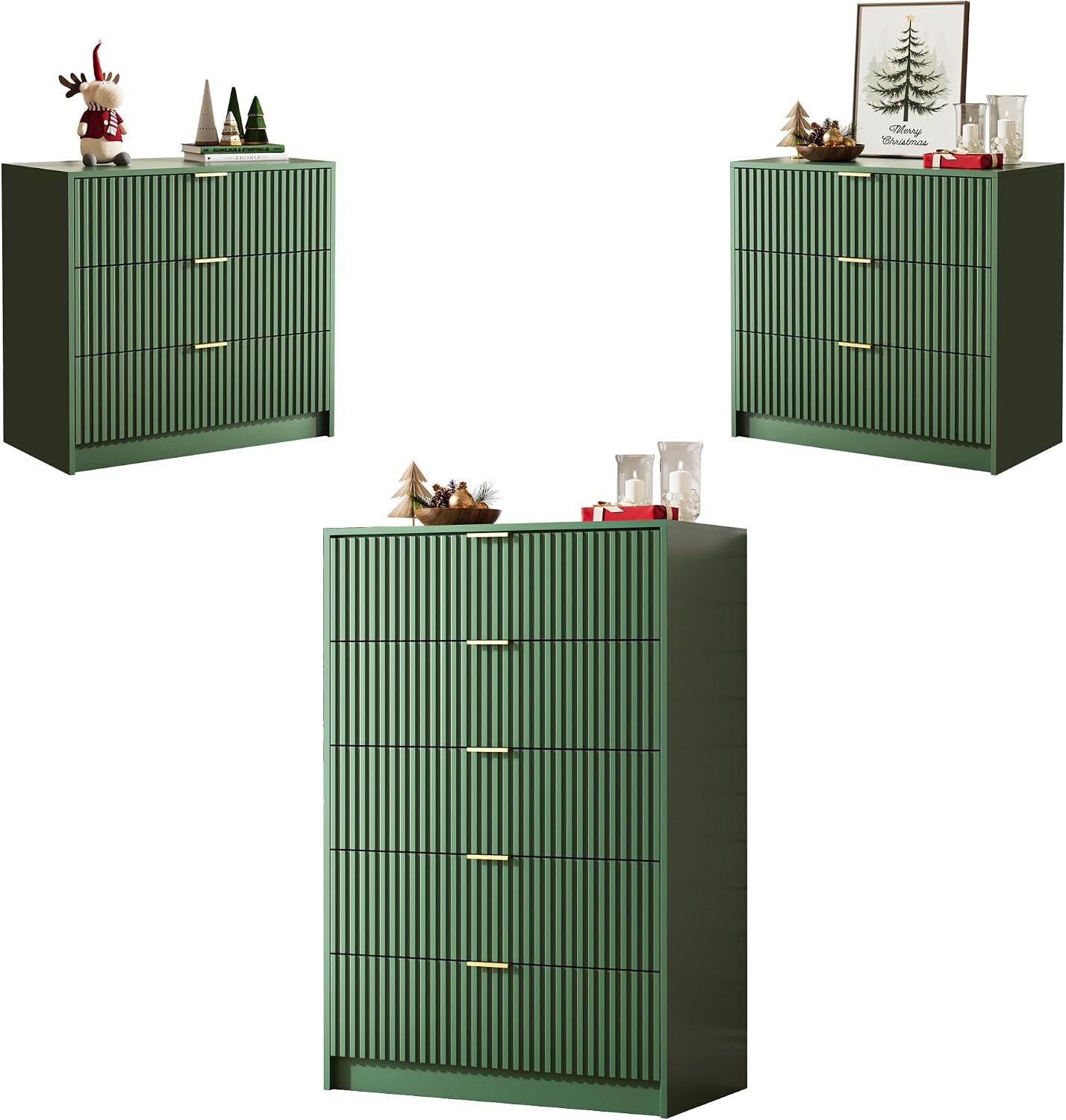 MAISONARIA 3-Piece Dresser Bedroom Set, 5 Drawer Dresser & 3 Drawer Nightstands with Gold Handles, Fluted Wood Chest of Drawers for Bedroom, Living Room, Entryway, Green