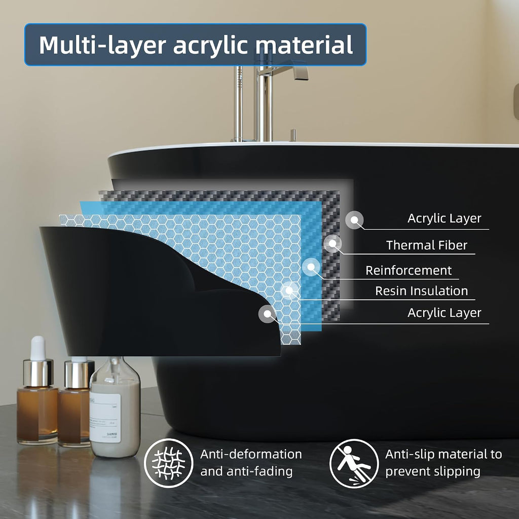 59' Free Standing Tub, Acrylic Soaking Bathtub, Stand Alone Freestanding Tub with Matte Sliver Drain and Overflow, Contemporary Bathtub for Bathroom, Black
