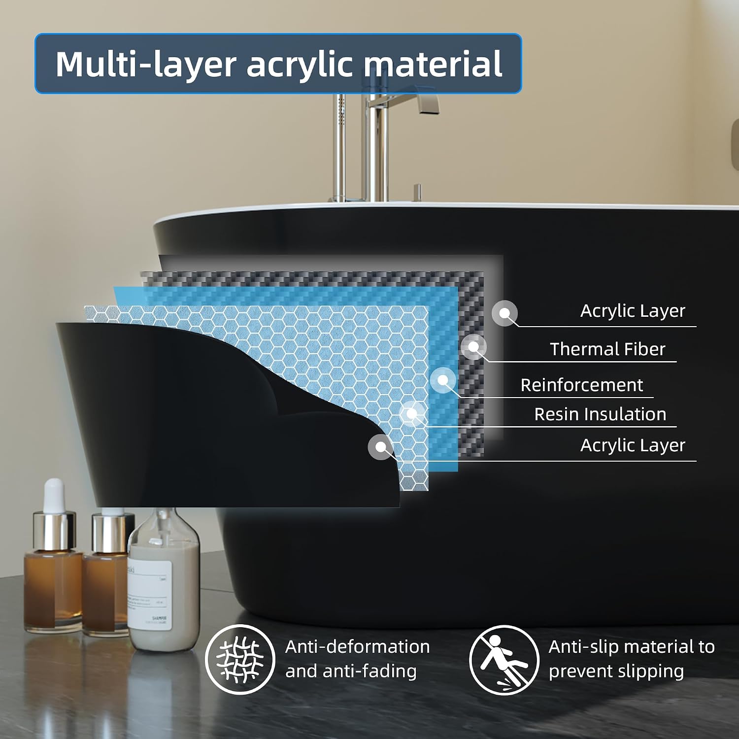 59' Free Standing Tub, Acrylic Soaking Bathtub, Stand Alone Freestanding Tub with Matte Sliver Drain and Overflow, Contemporary Bathtub for Bathroom, Black