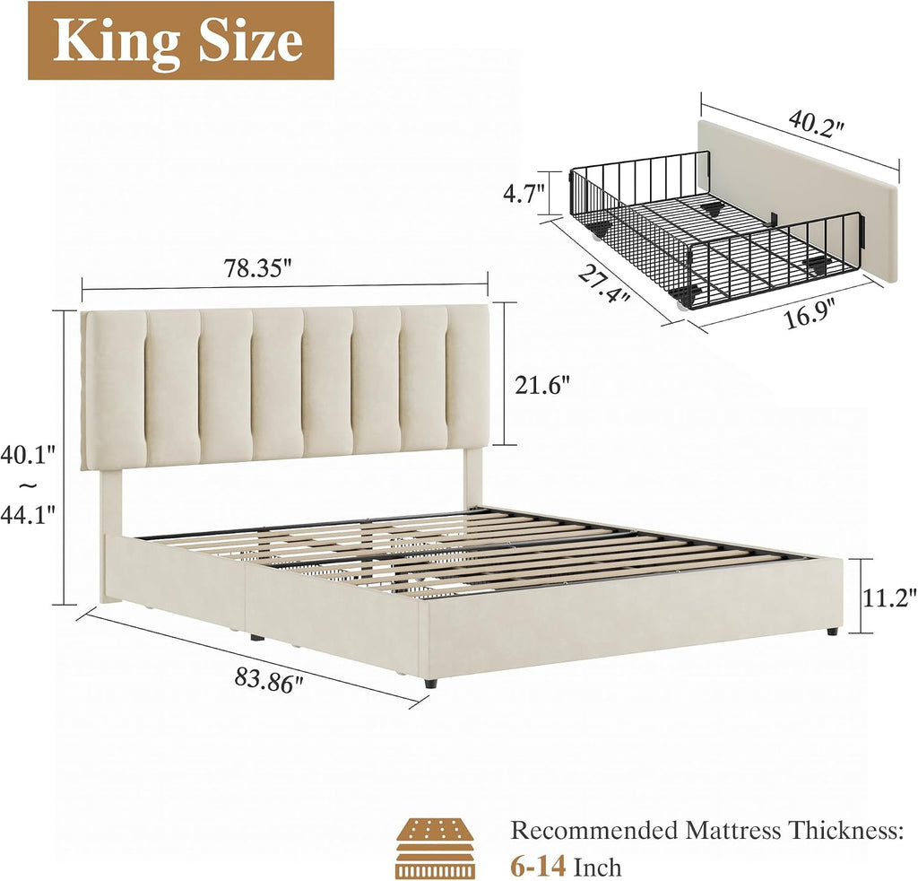 VECELO King Size Bed Frame with 4 Storage Drawers, Adjustable Height Headboard, Heavy-Duty Bedframe with Strong Wooden Slats, No Box Spring Needed, Pale Beige
