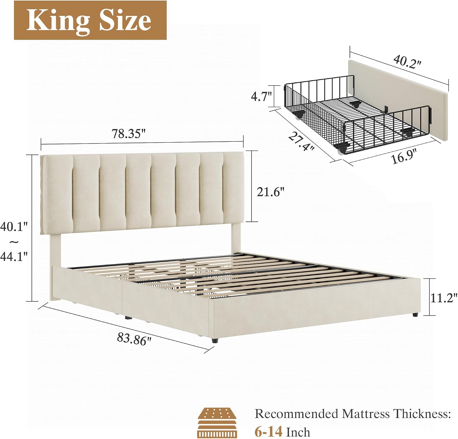 VECELO King Size Bed Frame with 4 Storage Drawers, Adjustable Height Headboard, Heavy-Duty Bedframe with Strong Wooden Slats, No Box Spring Needed, Pale Beige