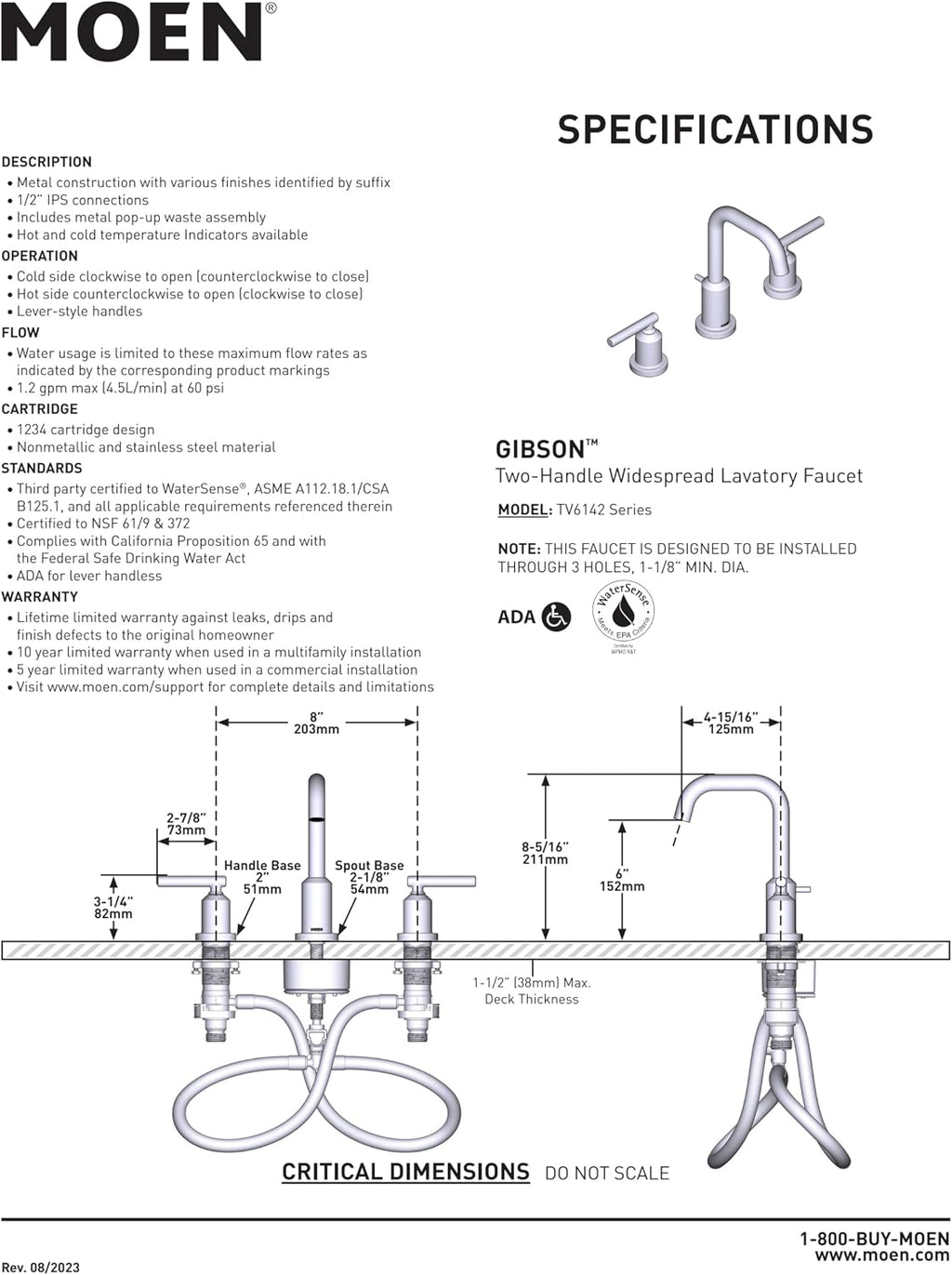Moen Gibson Two-Handle High Arc Widespread Modern Bathroom Sink Faucet for 3-Hole Setups with Valve Included, Chrome, TV6142