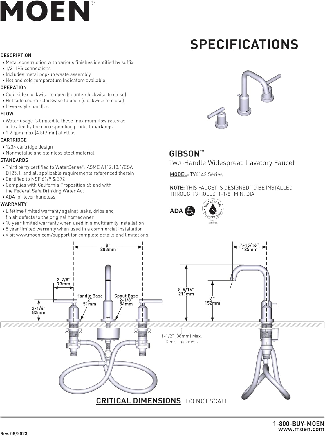 Moen Gibson Two-Handle High Arc Widespread Modern Bathroom Sink Faucet for 3-Hole Setups with Valve Included, Brushed Nickel, TV6142BN