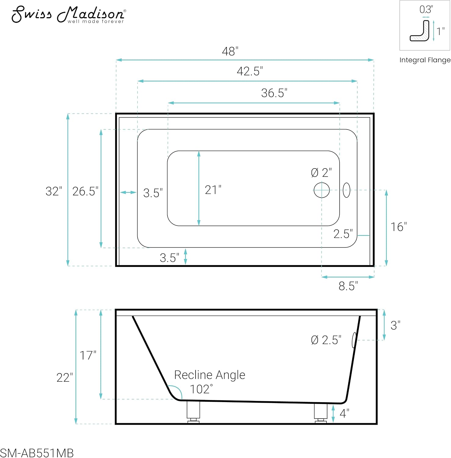 Voltaire 48' x 32' Right-Hand Drain Alcove Bathtub with Apron in Matte Black