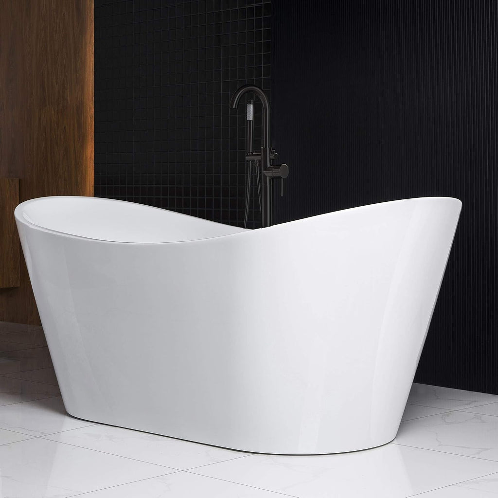 WOODBRIDGE 67' Acrylic Freestanding Bathtub Contemporary Soaking White Tub with Matte Black Overflow and Drain，BTA1515-MB-Drain&O